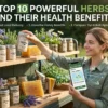 Woman arranging herbal jars and plants outdoors with natural herbs display for health benefits