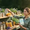 Woman browsing natural herbal tins and honeycomb products at an outdoor wellness market stall in the UK