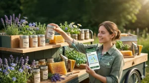 Woman browsing natural herbal tins and honeycomb products at an outdoor wellness market stall in the UK