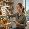 Woman holding a honey analysis guide while selecting jars of honey from a shelf, with a smartphone displaying a honey purchasing app, and an airplane flying outside a window.